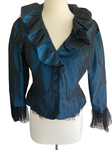 Teri Jon Deep Green/Teal Silk Jacket with Lace Trim, 10