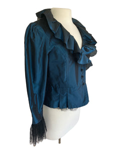 Teri Jon Deep Green/Teal Silk Jacket with Lace Trim, 10