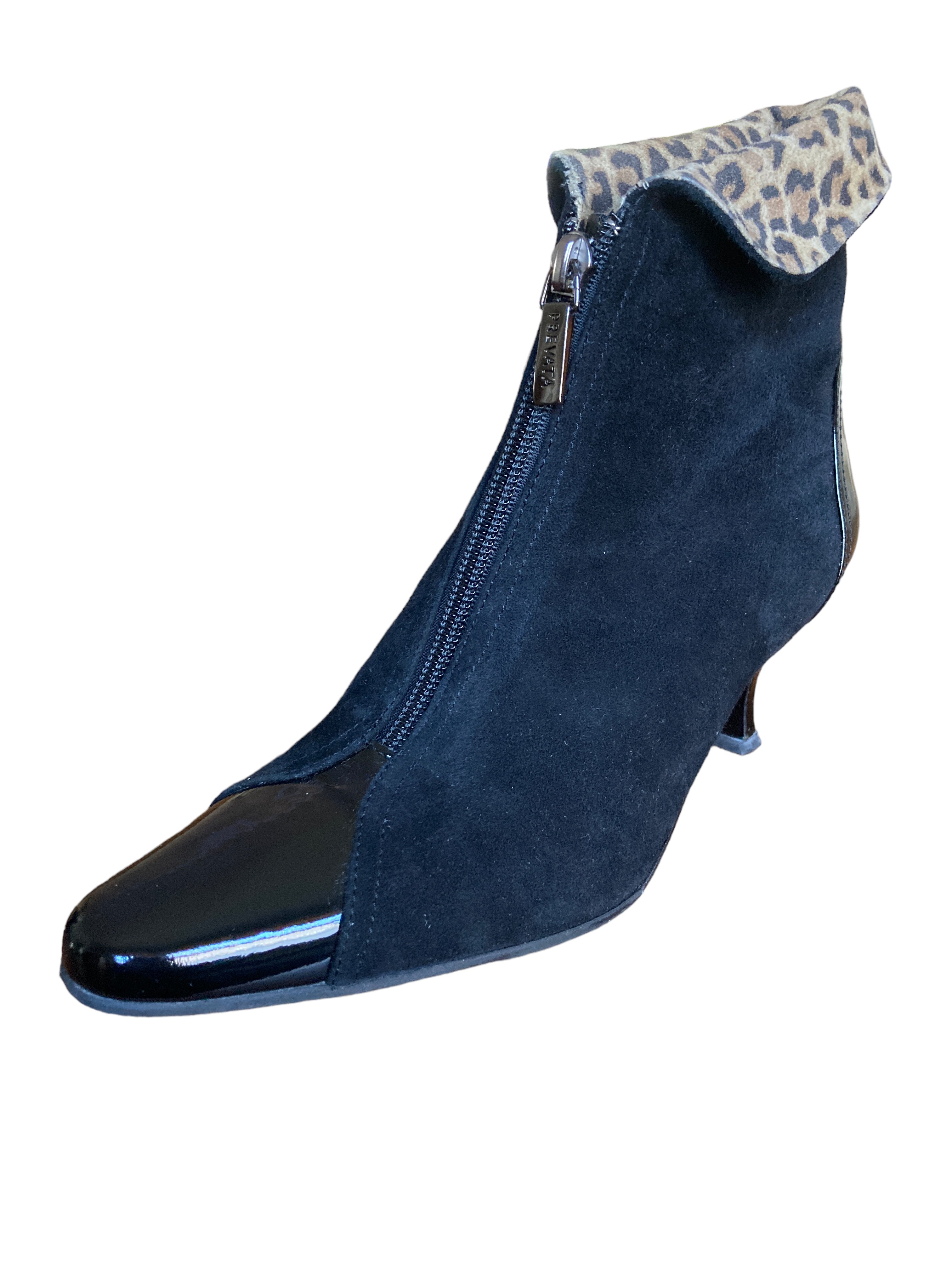 Prevata "Tucker" Black Suede Booties with Leopard Cuff, 7