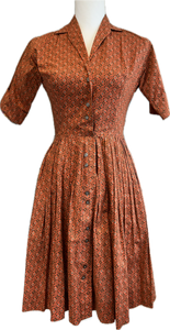 Vintage 1940s Orange and Brown Short Sleeve Dress, XS