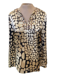 St. John Giraffe Print Silk Tunic with Jewel Detail, P