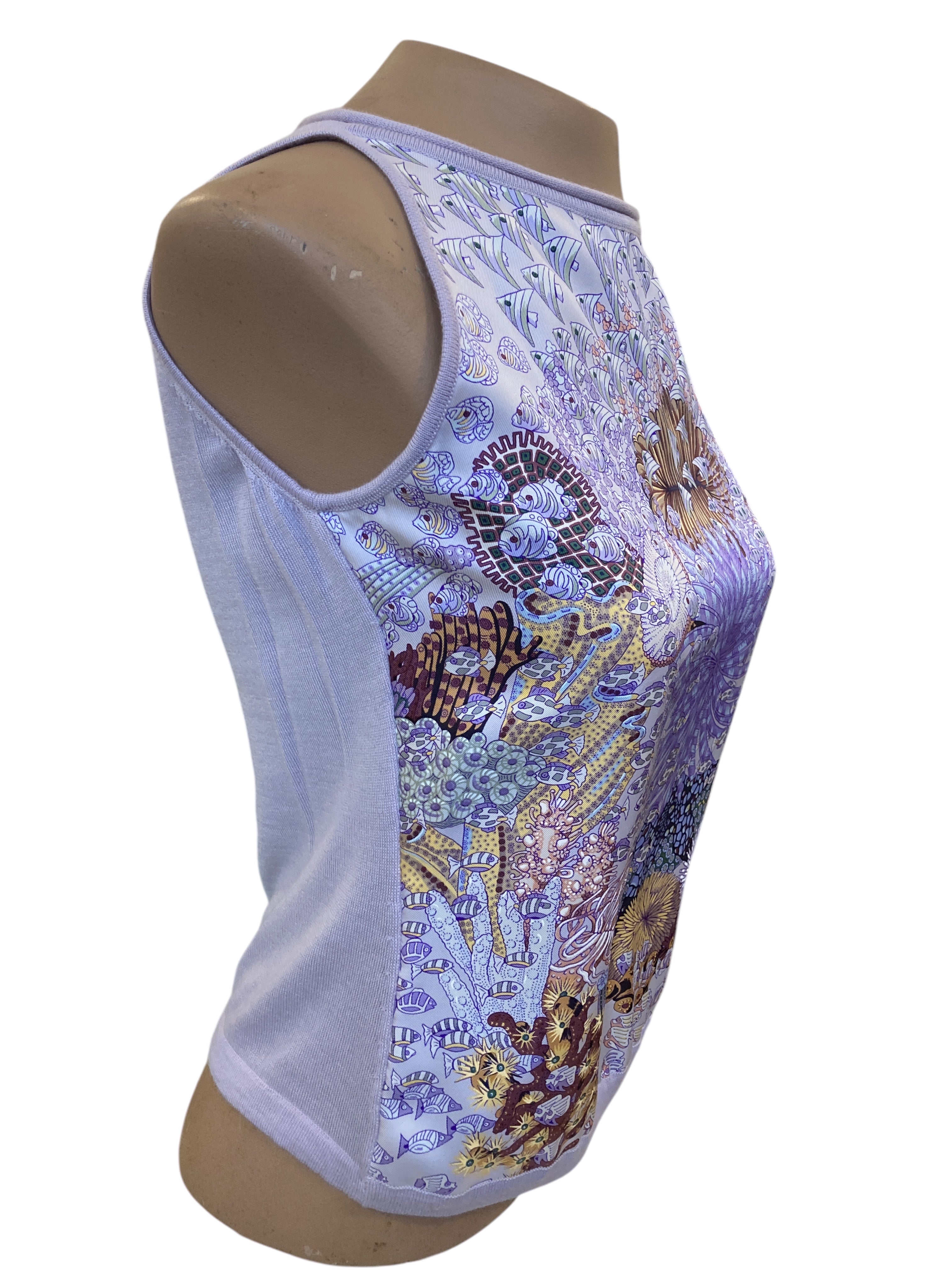 Hermes Vintage Purple Print Silk and Cashmere Maison Margiela Tank and Cardigan, S