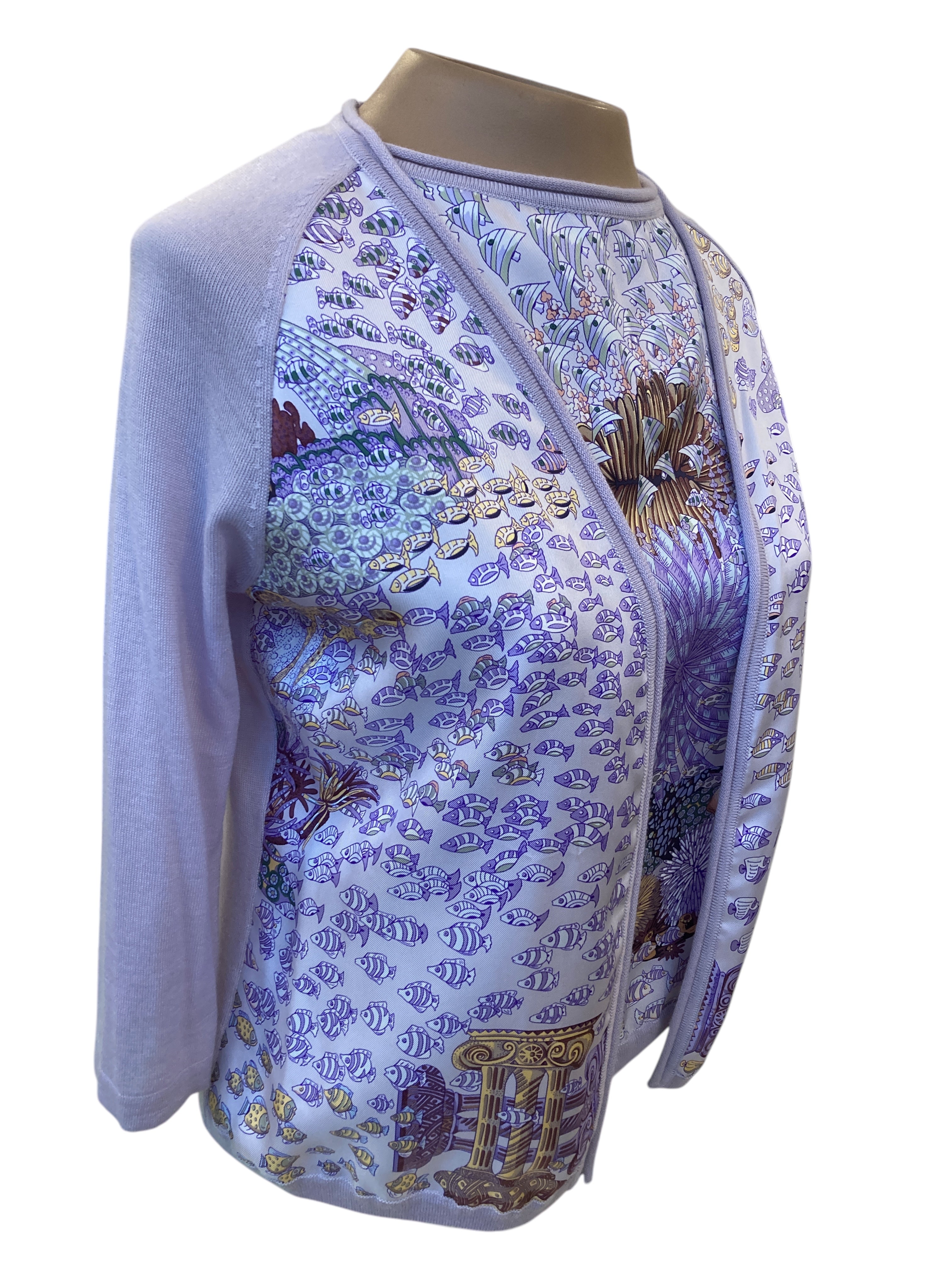 Hermes Vintage Purple Print Silk and Cashmere Maison Margiela Tank and Cardigan, S