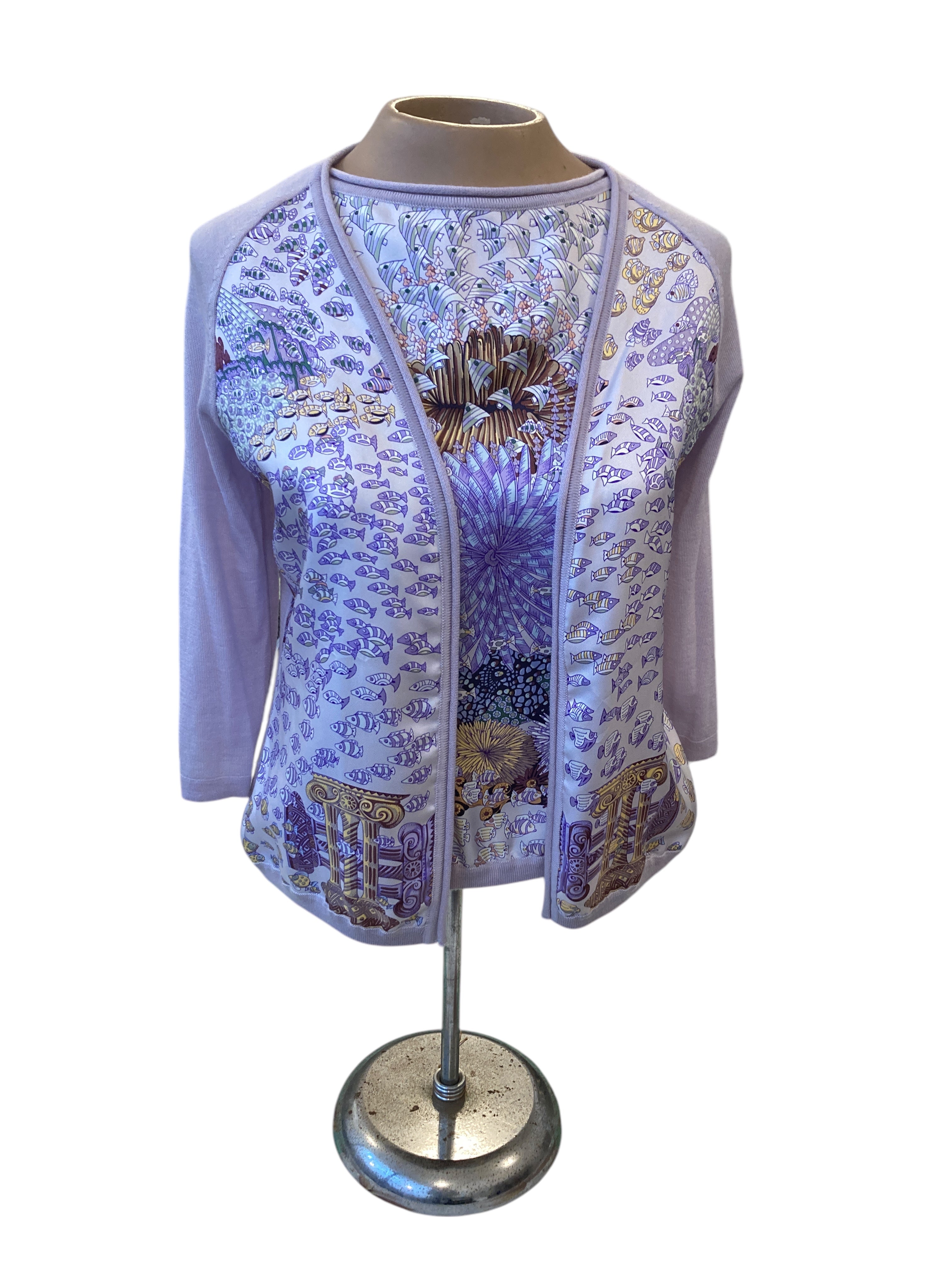 Hermes Vintage Purple Print Silk and Cashmere Maison Margiela Tank and Cardigan, S