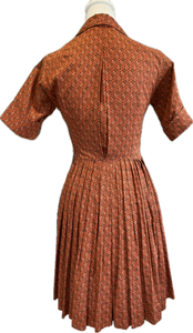 Vintage 1940s Orange and Brown Short Sleeve Dress, XS