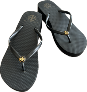 Tory Burch Black Logo Wedge Slide Sandals, 8