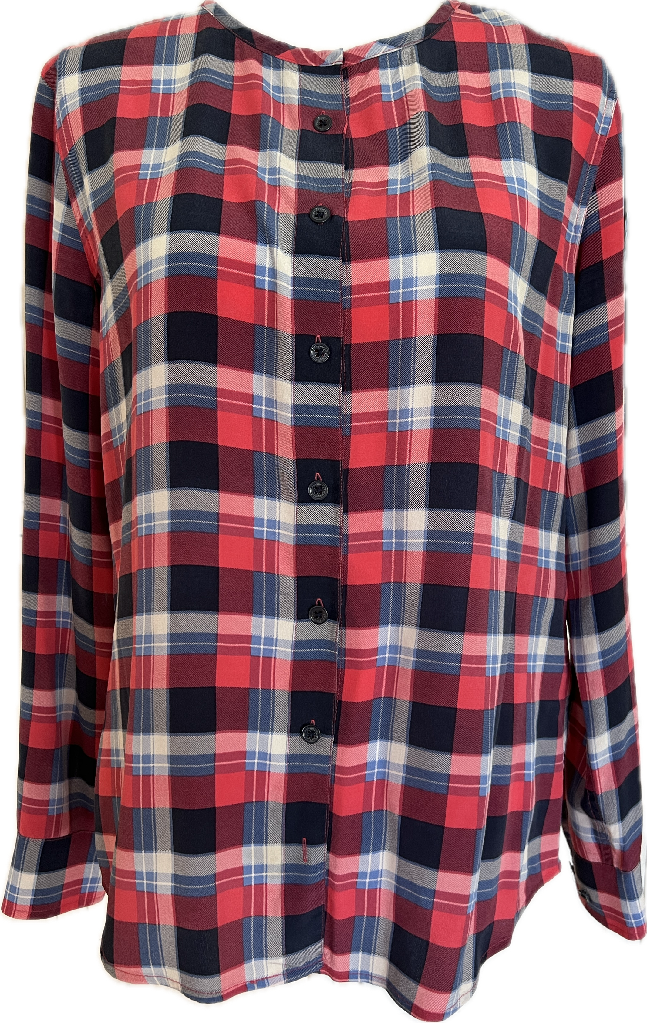 Equipment Red and Blue Plaid Collarless Silk Shirt, S