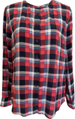 Load image into Gallery viewer, Equipment Red and Blue Plaid Collarless Silk Shirt, S
