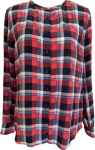 Equipment Red and Blue Plaid Collarless Silk Shirt, S