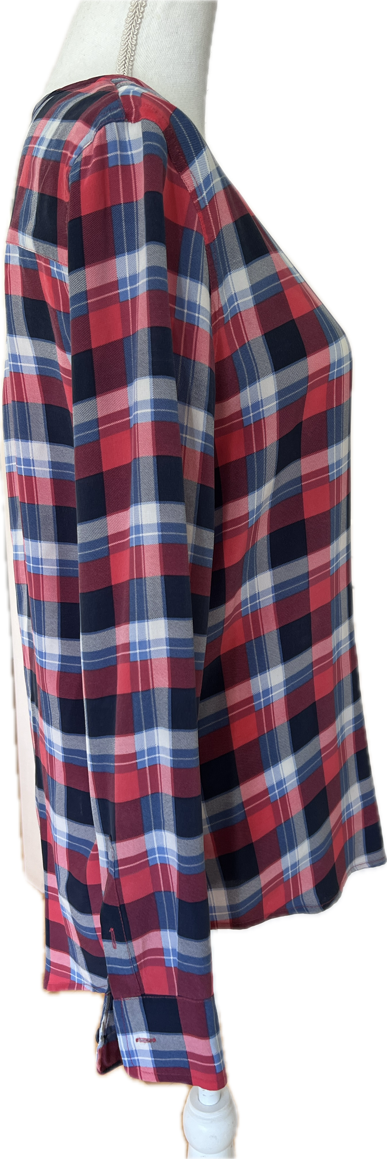 Equipment Red and Blue Plaid Collarless Silk Shirt, S