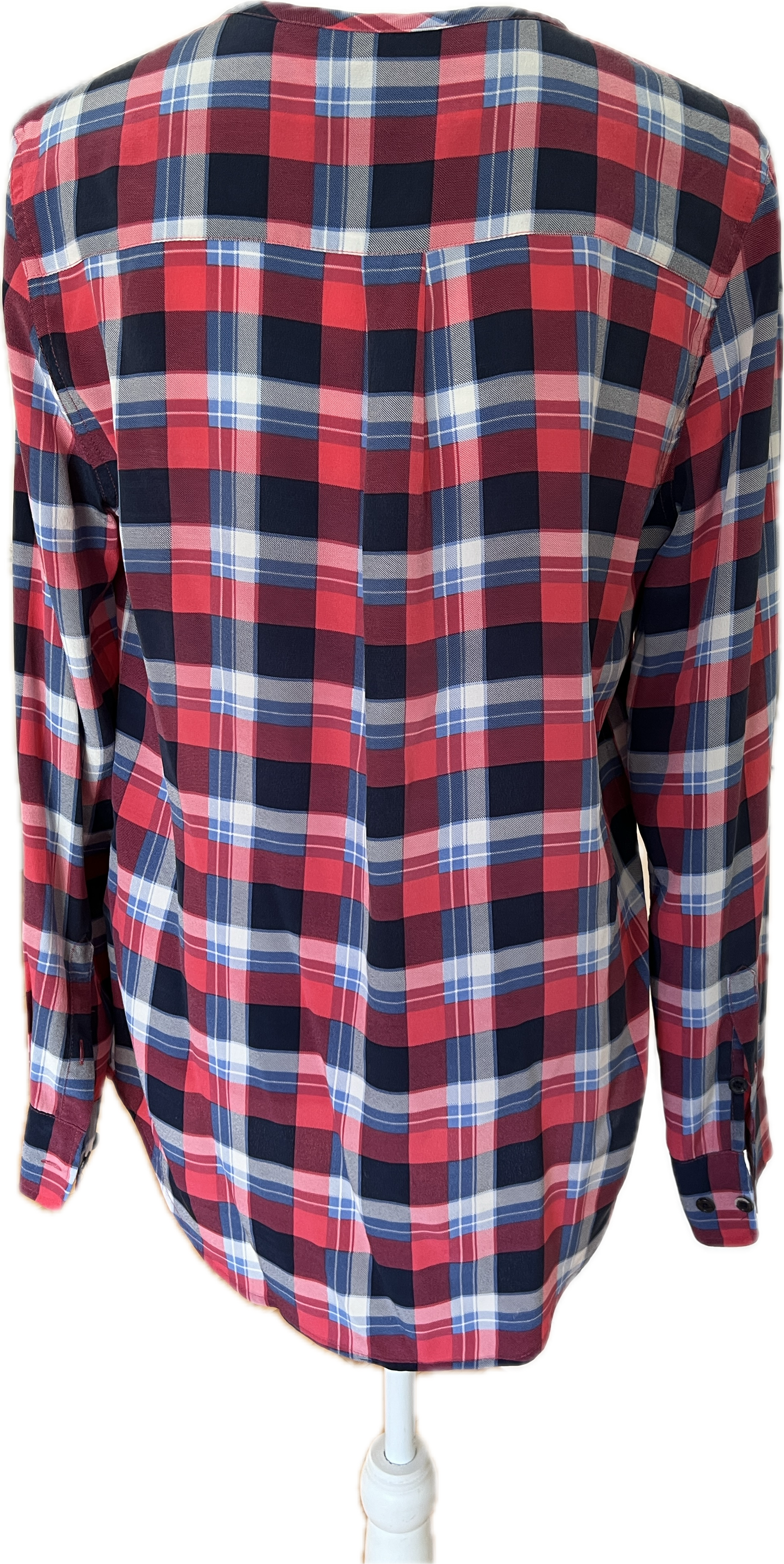 Equipment Red and Blue Plaid Collarless Silk Shirt, S