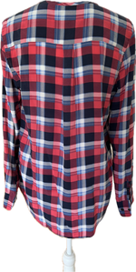 Load image into Gallery viewer, Equipment Red and Blue Plaid Collarless Silk Shirt, S
