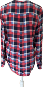 Equipment Red and Blue Plaid Collarless Silk Shirt, S